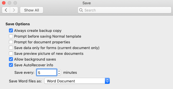 where does word 2016 for mac save autorecover files?