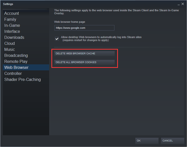 Delete Steam Web Browser Cache and Cookies
