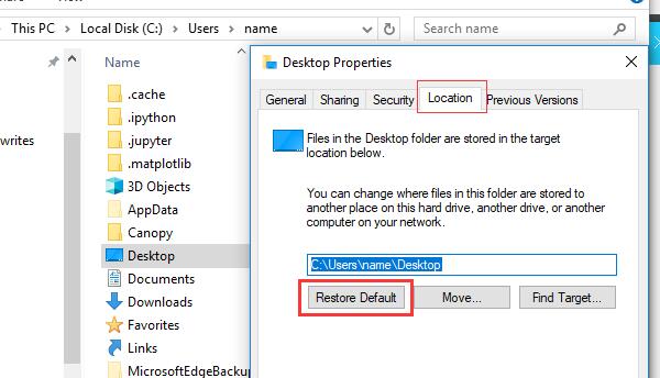 desktop properties restore default