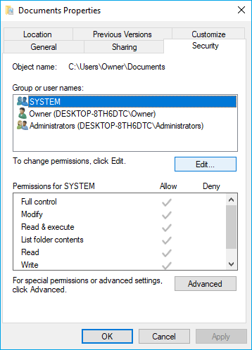 documents and place folder access denied