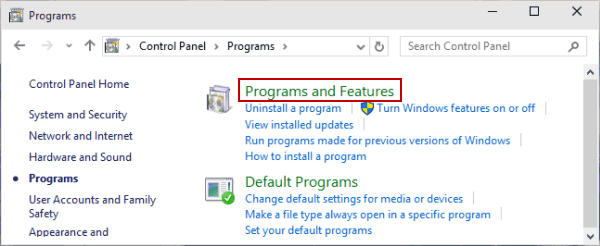 Open Programs and Features in control panel