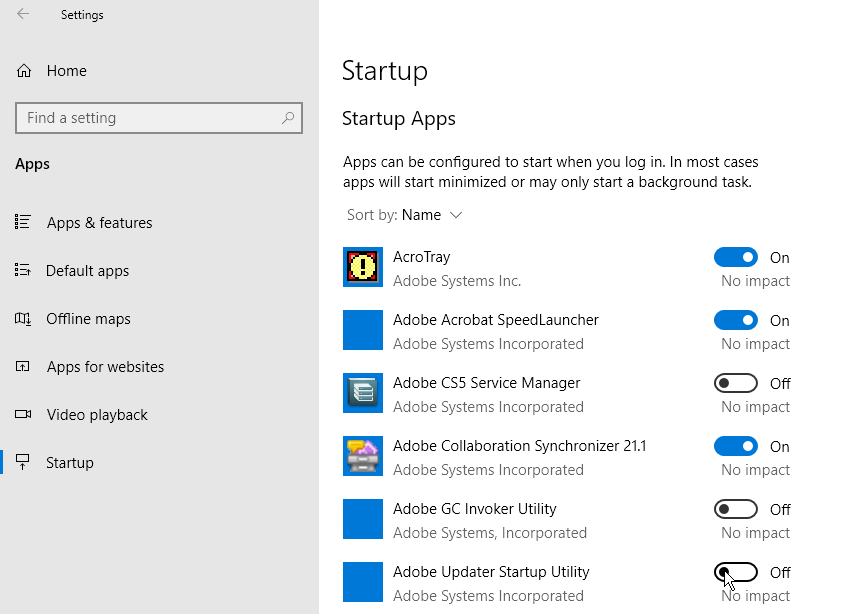 startup apps setting