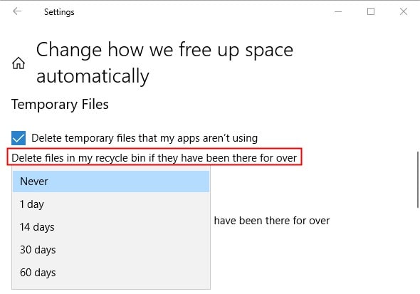 storage time of files in recycle bin