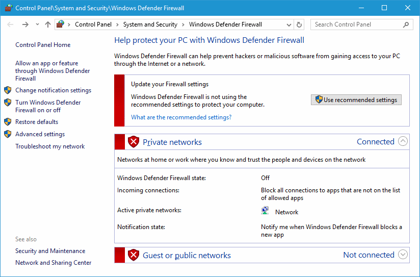 slå på Windows defender firewall