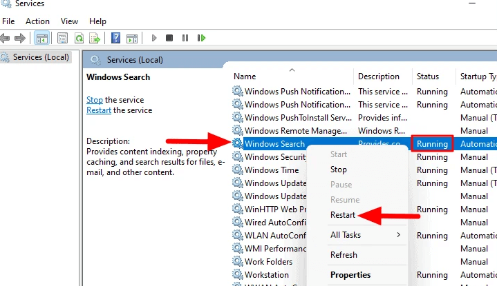 Windows service stopping. Windows search.