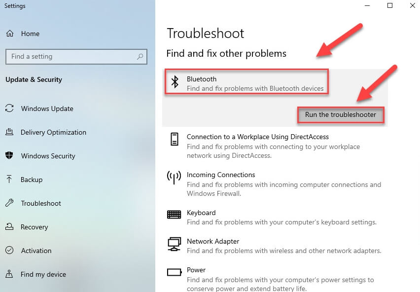run the troubleshooter bluetooth