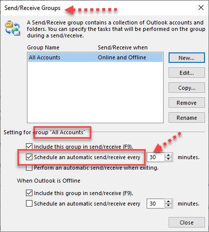 turn off and on automatic refresh option outlook