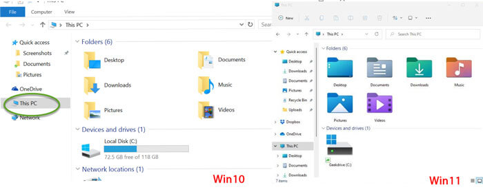 Windows 10 file explorer vs Windows 11 file explorer