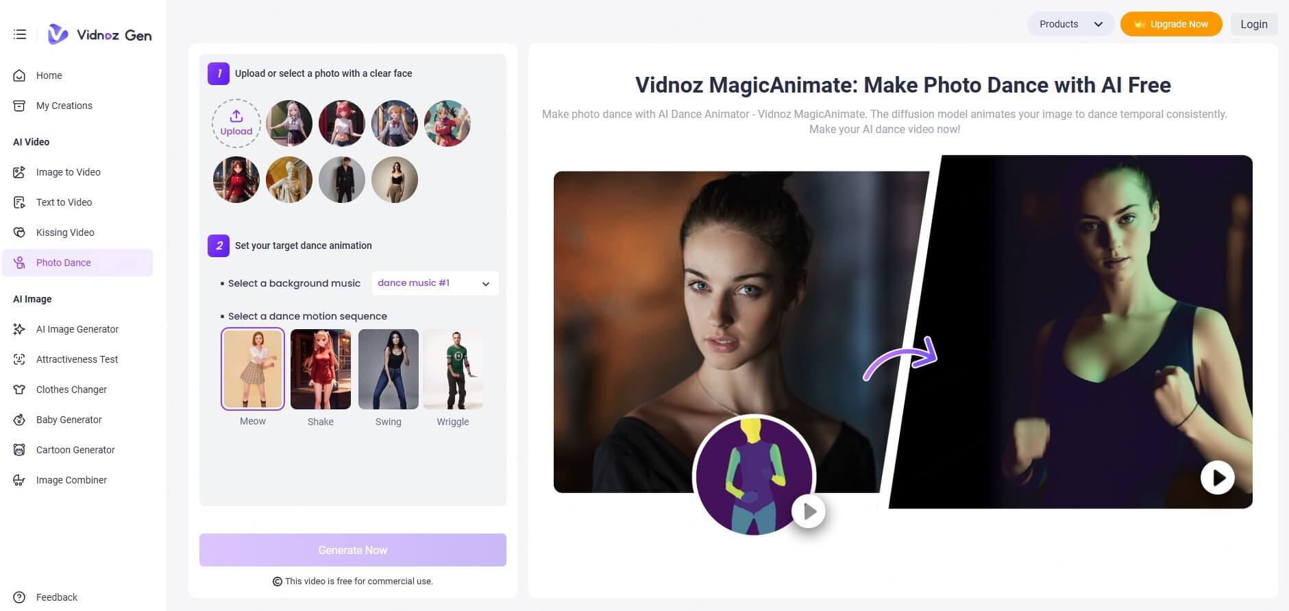 Vidnoz MagicAnimate تحويل الصور إلى فيديو راقص
