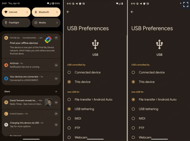 توصيل الهاتف بمنفذ USB على الكمبيوتر الشخصي