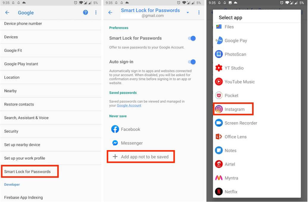 google smart lock انستقرام حذف