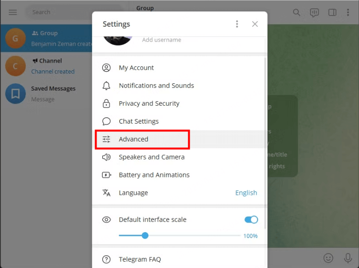 حدد متقدم في إعدادات  Telegram