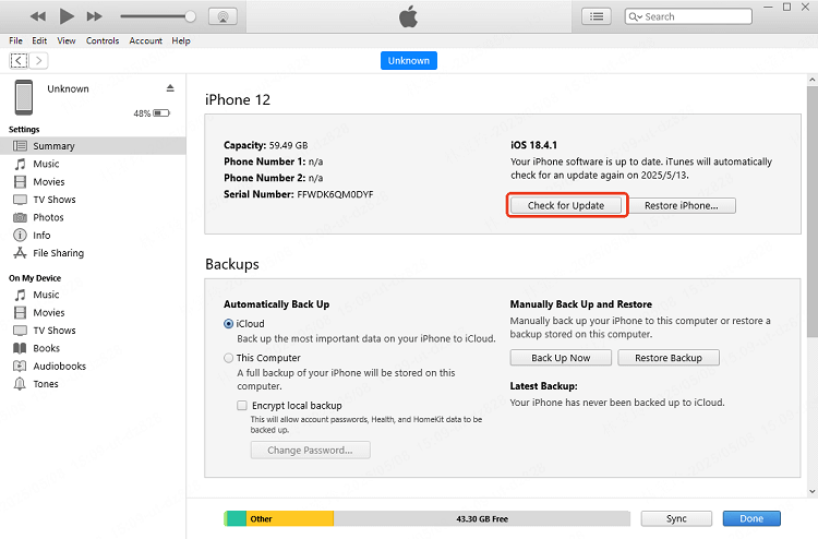 التحقق من وجود تحديثات عبر iTunes