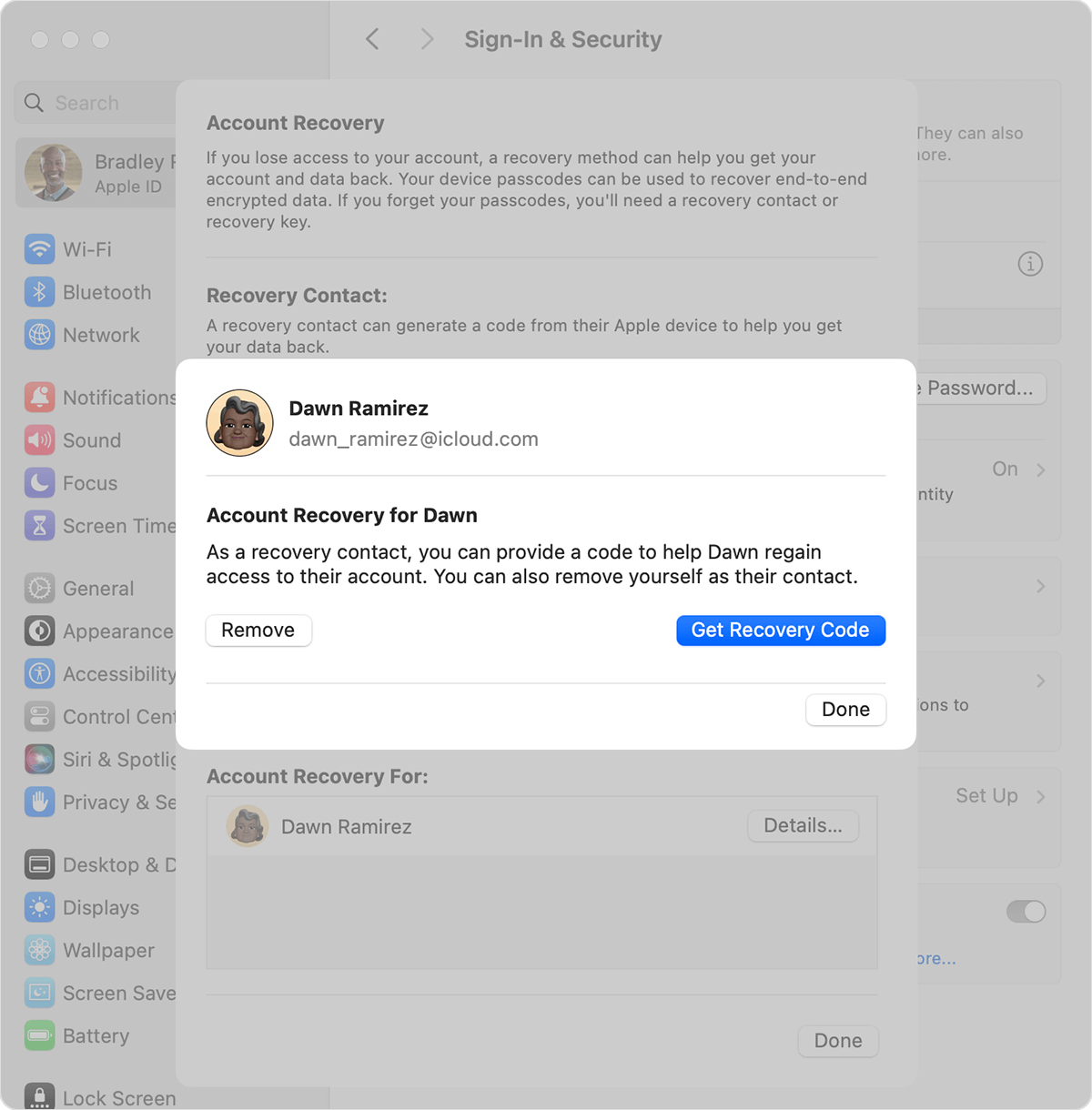 شاشة Mac تعرض كيفية إضافة جهة اتصال استرداد