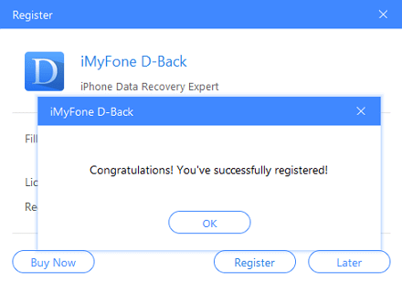 تسجيل iMyFone D-Back بنجاح