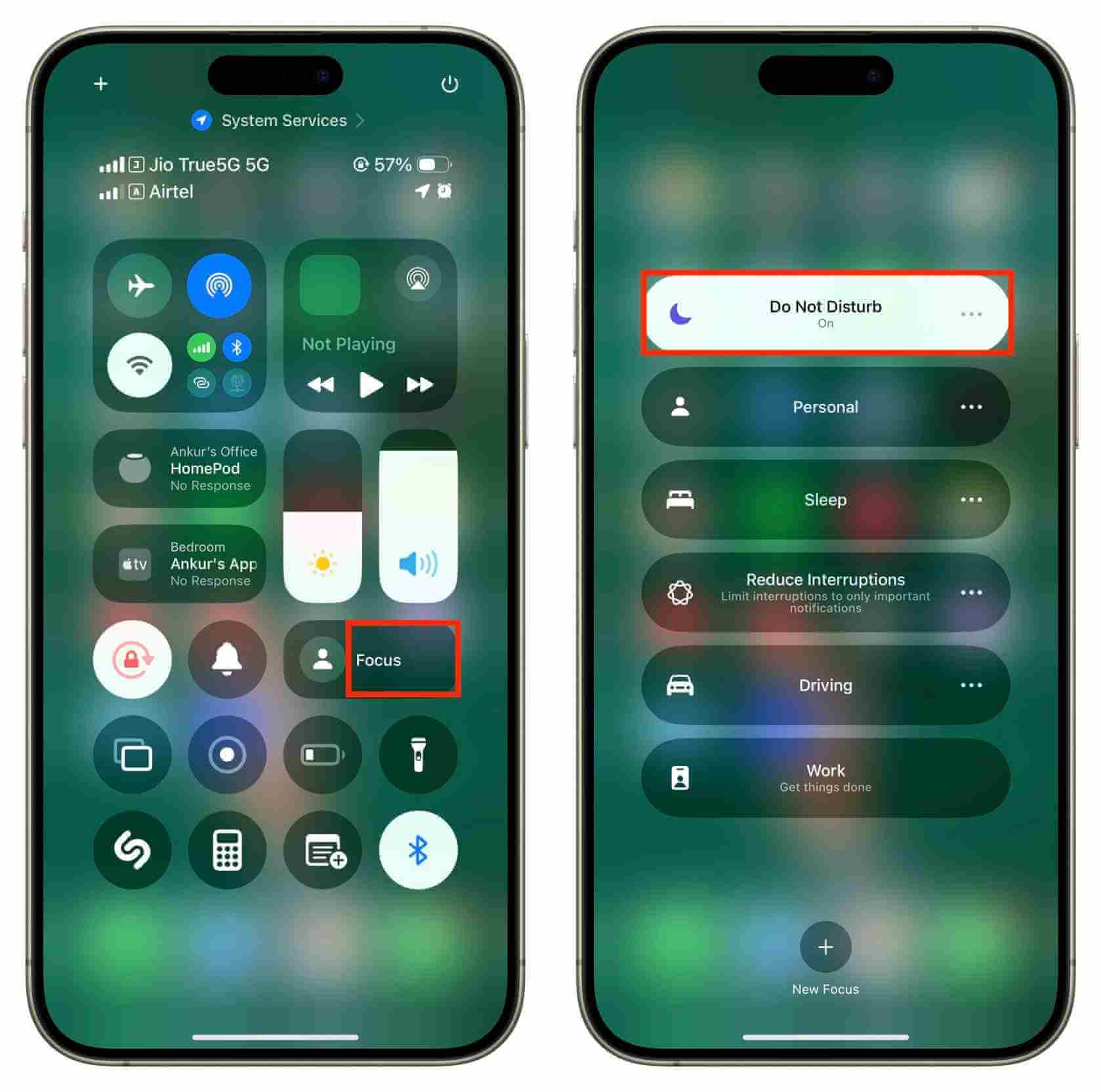 تشغيل خاصية عدم الإزعاج من مركز التحكم في iPhone