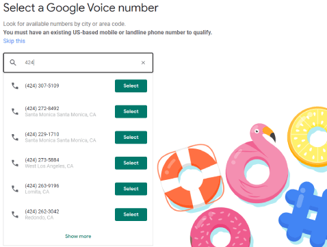 حدد رمز المنطقة لاختيار Google Voice Number