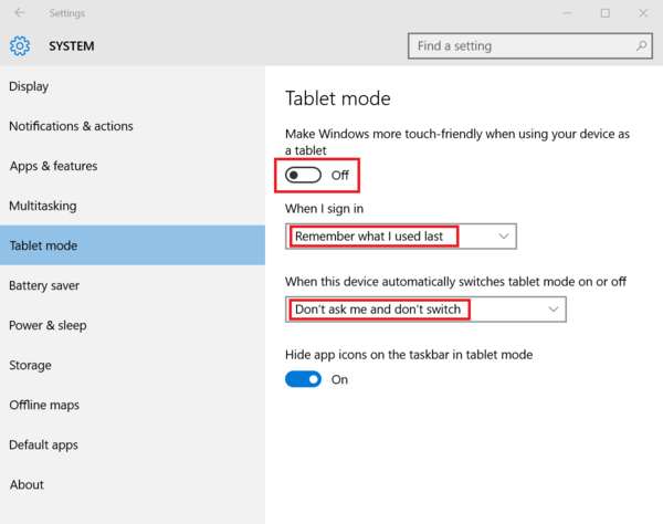 تعطيل وضع الجهاز اللوحي على ويندوز 10