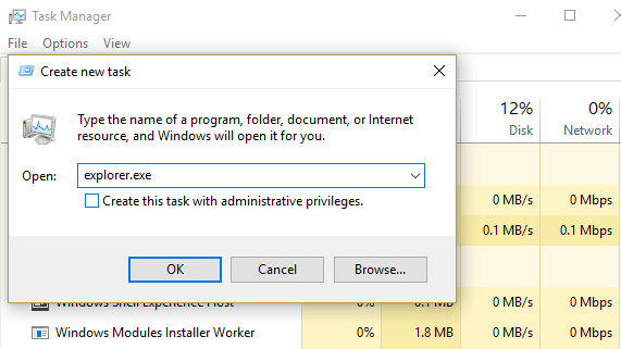 إعادة تشغيل عملية explorer.exe