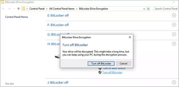 إيقاف تشغيل BitLocker