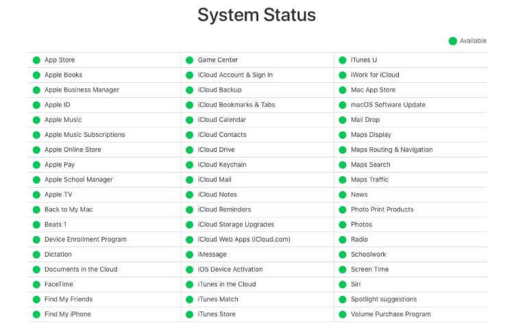 проверете състоянието на системата на Apple