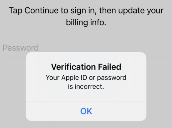 проверката е неуспешна Apple ID или неправилна парола