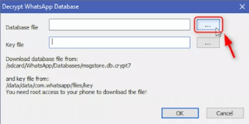 импортиране на база данни и ключов файл в WhatsApp viewer