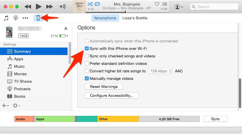 sync iphone with itunes wirelessly
