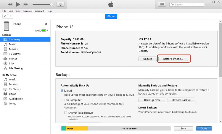 фабрично нулиране на iphone без парола за id на apple чрез itunes