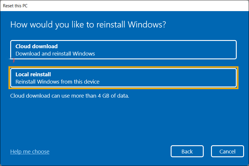 selecionar a maneira de reinstalar o Windows 10