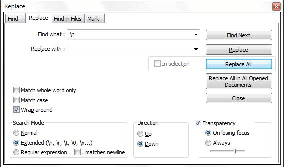 substituir todas as ocorrências de /n por nada