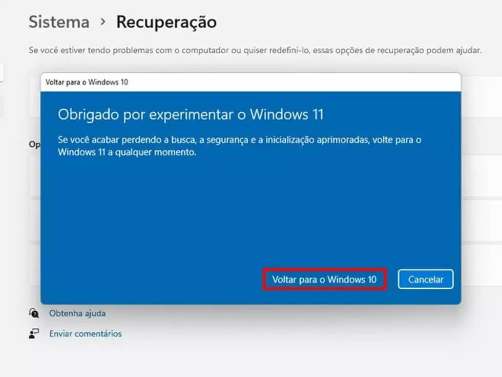 Voltar para a compilação anterior Windows 11