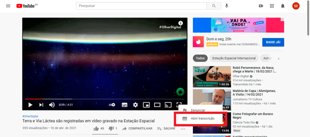 Abrir transcrição no YouTube