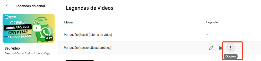 Selecionar vídeo para baixar legendas do YouTube