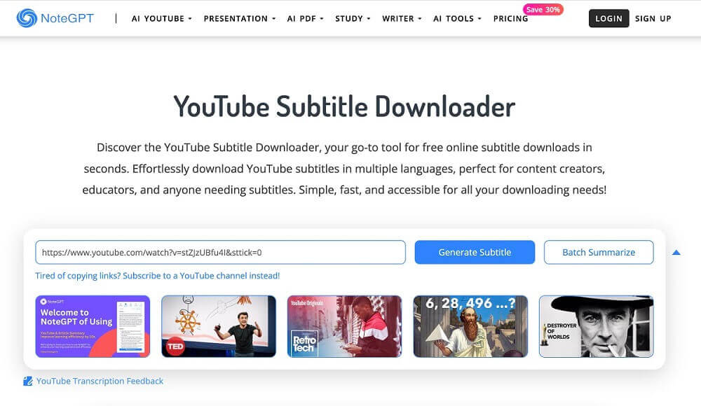NoteGPT para baixar transcrição do YouTube
