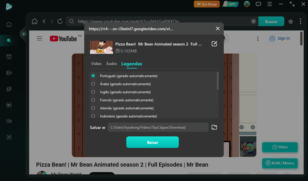 Download de legendas do YouTube