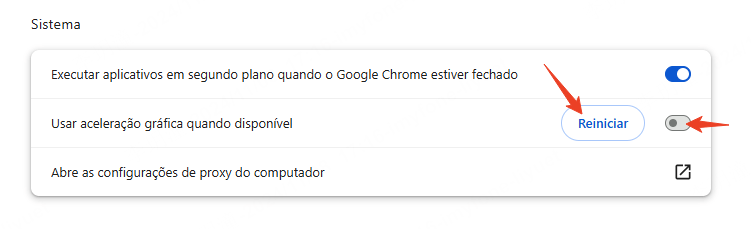 Desative a opção Usar aceleração gráfica quando disponível