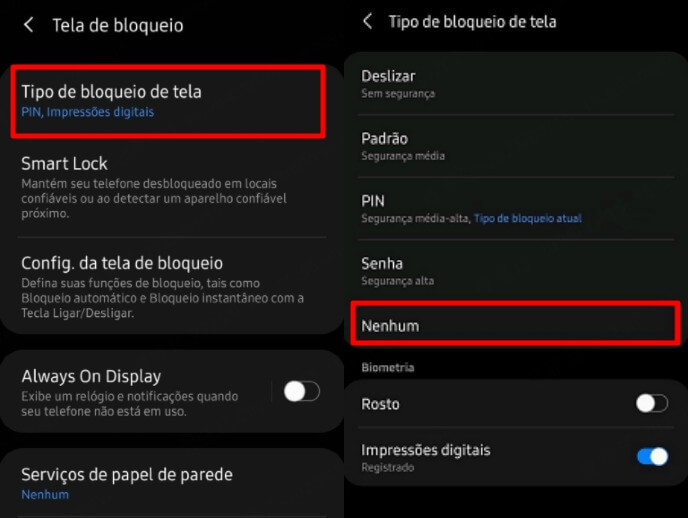 Desativar tela de bloqueio do Samsung