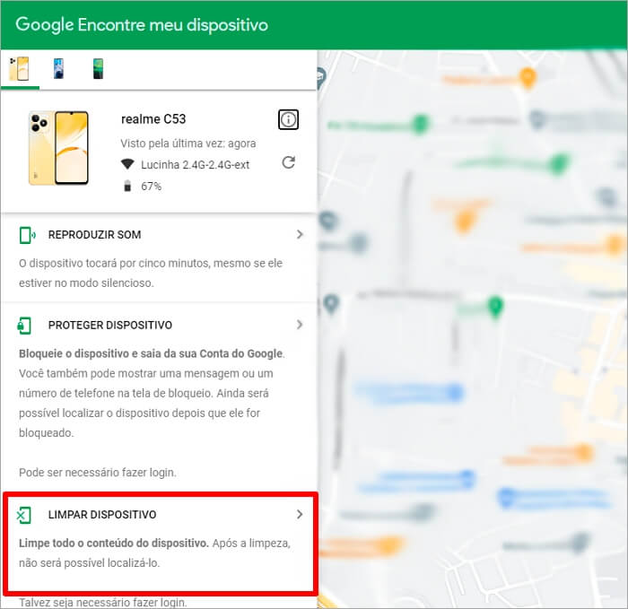 Limpar celular Realme com Encontre Meu Dispositivo