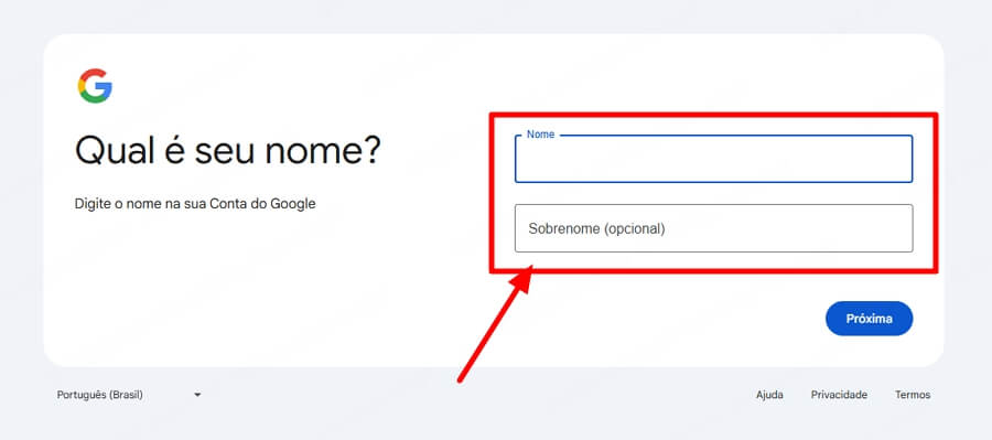 Digitar nome para recuperar conta Google