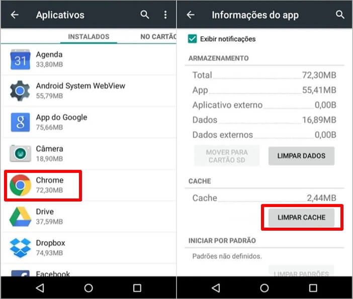 Limpar cache do aplicativo Google