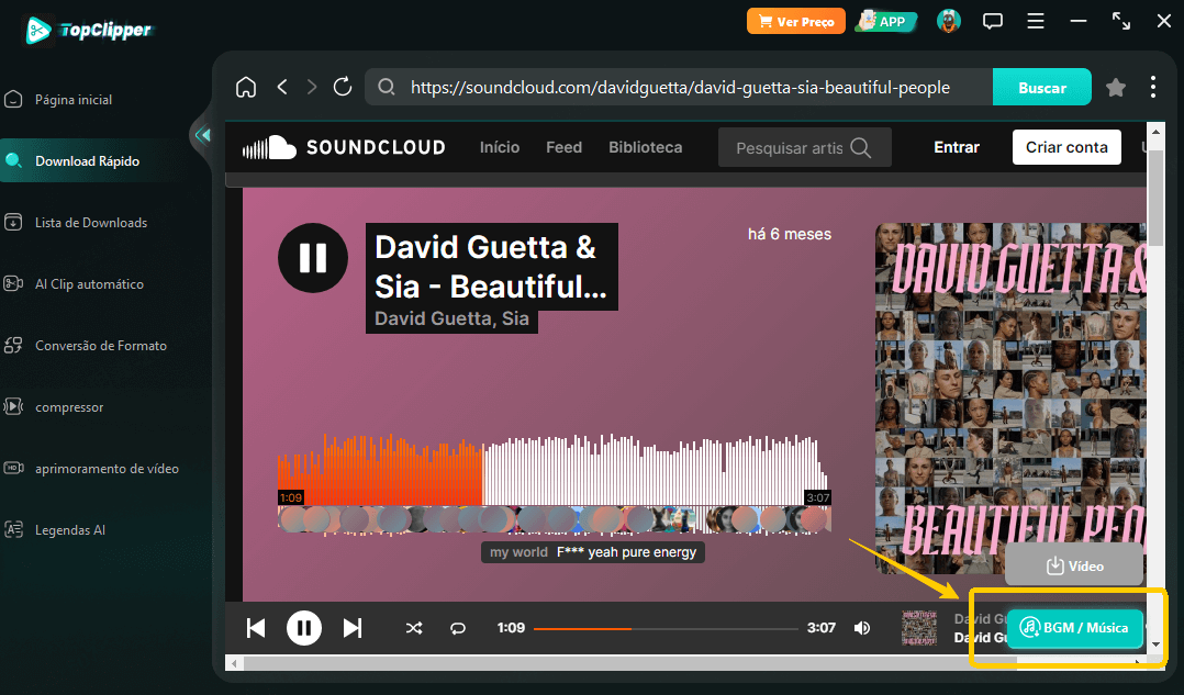 colar url do SoundCloud e download com Topclipper