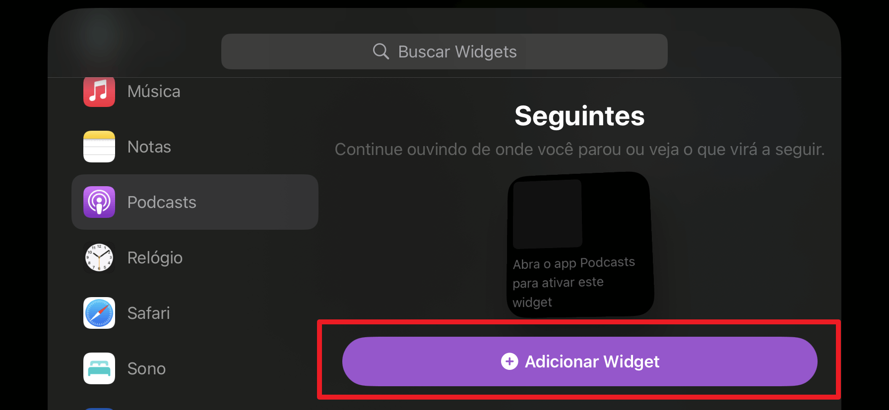 Adicionar widget no Em Espera