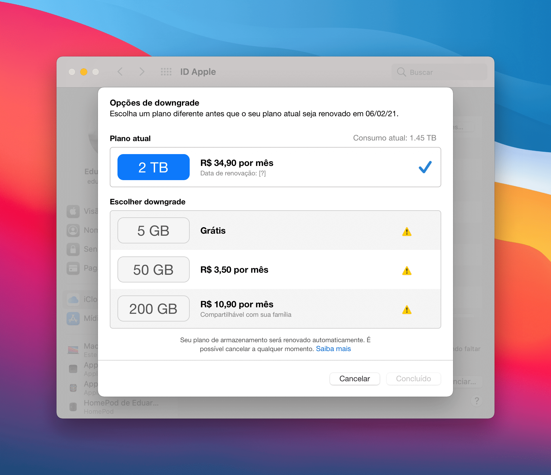 Opções de Downgrade do iCloud+ no Mac
