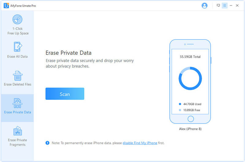 Selecionar o modo de Erase Privacy Data