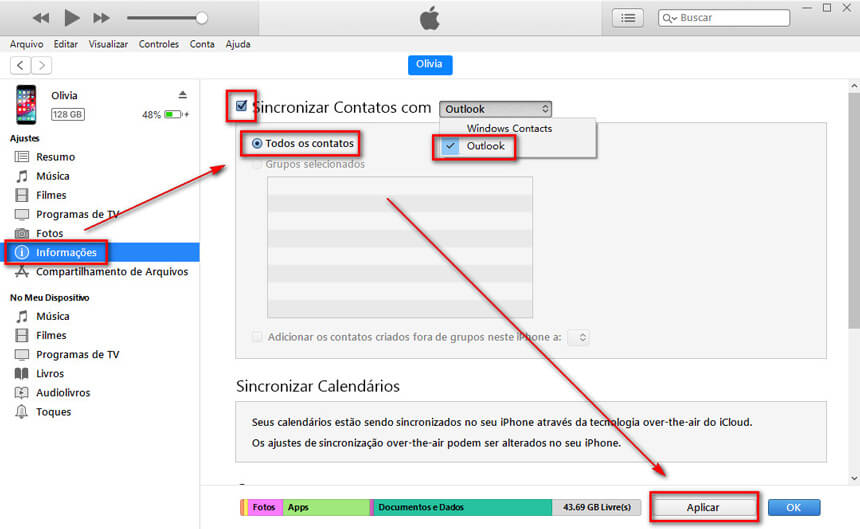 exportar os contatos do iPhone para o Gmail usando iTunes
