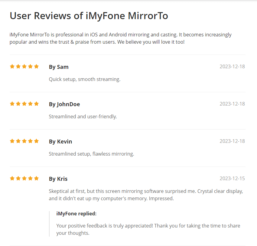 avaliações de usuários do MirrorTo