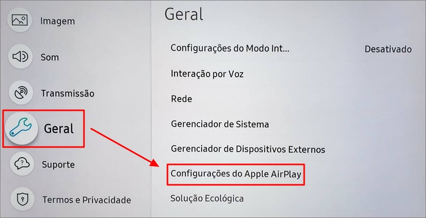 Abrir Configurações do Apple AirPlay da TV