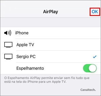 Seleccionar um receptor do Airplay no iPhone