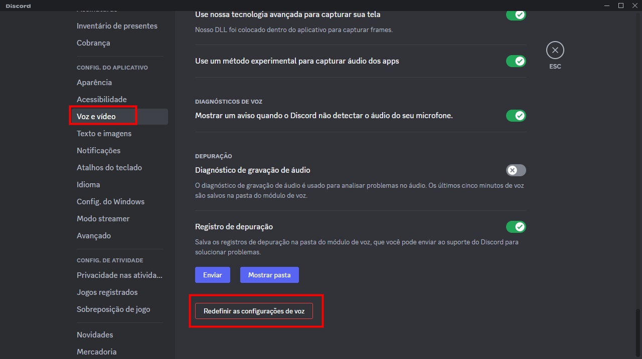 Redefinir as configurações de Voz do Discord